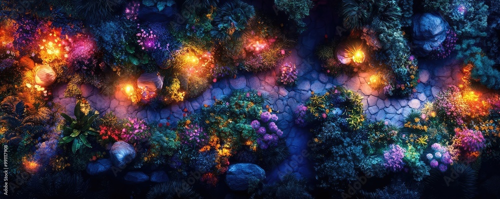 Fototapeta premium A birds-eye view of surreal urban gardens brimming with colorful culinary artistry, magical glowing lights, whimsical paths