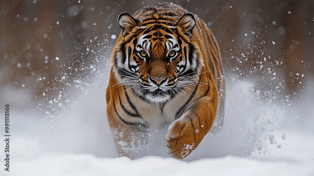 Fototapeta premium A majestic Siberian tiger runs through winter snow, captured in a powerful portrait.