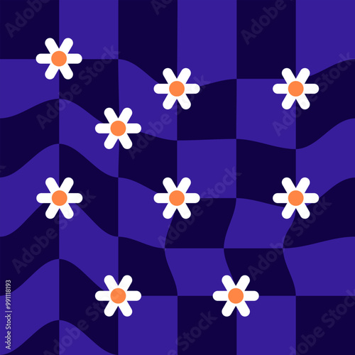 Abstract poster with the image of chamomille. A composition of flowers. Set of vector elements on a colored background.