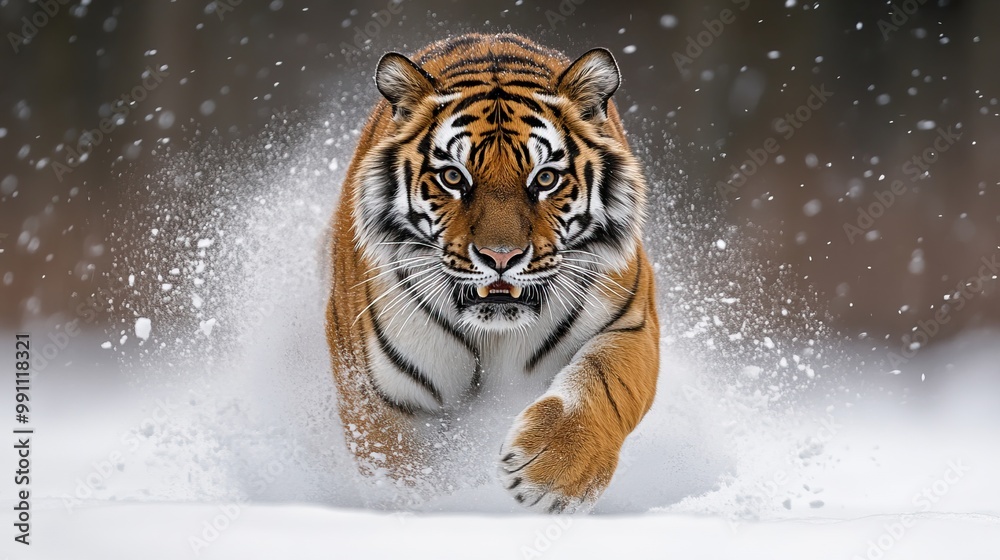 Obraz premium A majestic Siberian tiger runs through winter snow, captured in a powerful portrait.
