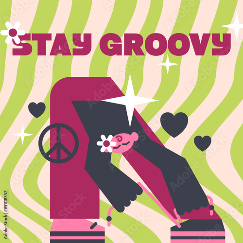 Poster “Stay groove”. A banner with a character. Art with the image of a hippie girl. Set of vector elements in a groove theme.