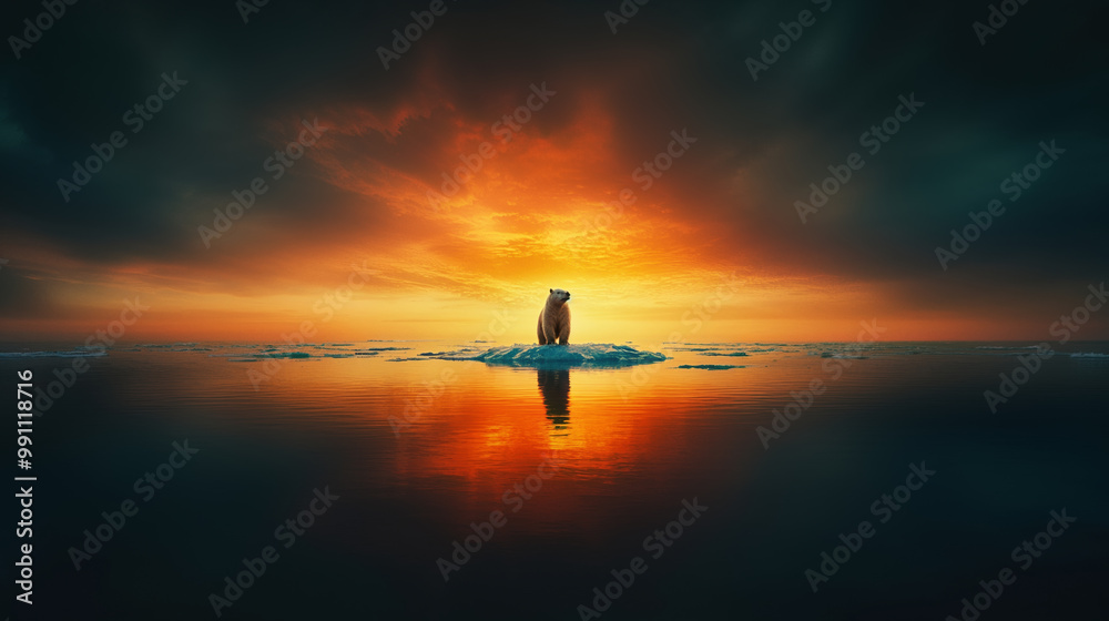 Fototapeta premium Polar bear is standing on a melting ice floe at sunset, highlighting the impact of climate change