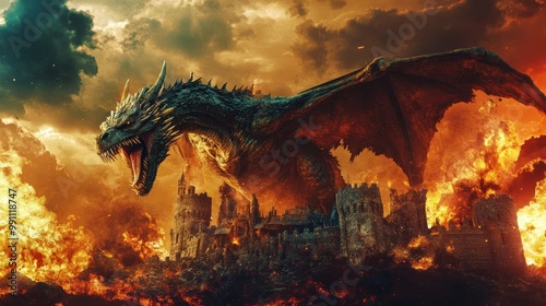 A ferocious green dragon hovers over a burning castle with its wings spread wide.