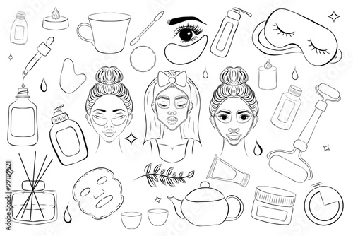  spa body, sugar beauty, skin woman, female beautician, removal treatment, face wax hair salon depilation black contour vector illustrations
