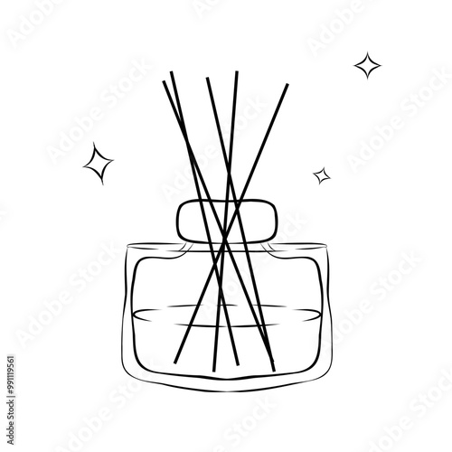 Aroma diffuser with sticks hand drawn doodle. Glass bottle with perfume. Interior design decorations. Vector outline line art illustration.
