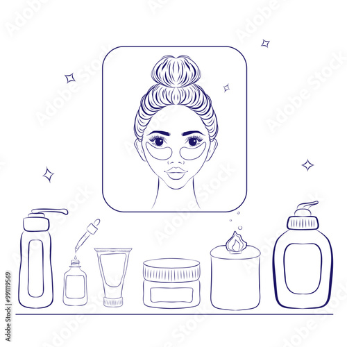 Makeup removal and skin care icons set. Simple outline style. Face, beauty, health, woman, healthy, mask, clean, girl, cleansing concept. Aesthetic cosmetology line icons, vector pictogram of shiny 
