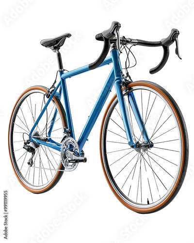 A blue bicycle with a black seat and a black handlebar