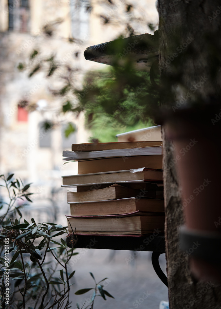 Foto scattata nel centro storico di Cervo ad una pila di libri.