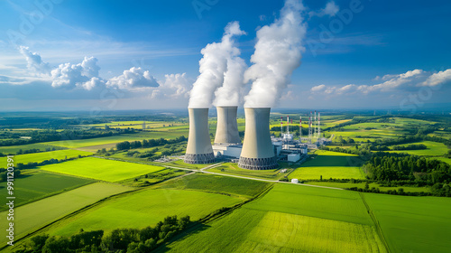 Aerial view of modern nuclear power plant with cooling towers emitting steam against clear blue sky, surrounded by lush green fields, symbolizing clean energy and environmental balance. photo