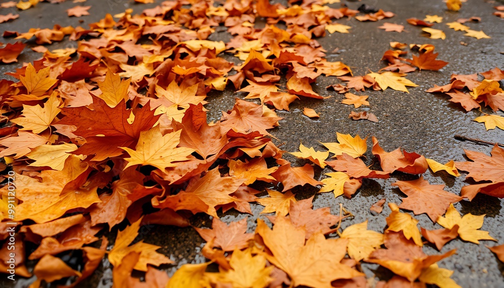 With the arrival of autumn, the leaves that have fallen to the ground begin to disperse. It is raining. pattern. With the arrival of autumn, the leaves that have fallen to the ground begin to disperse. It is raining. pattern.