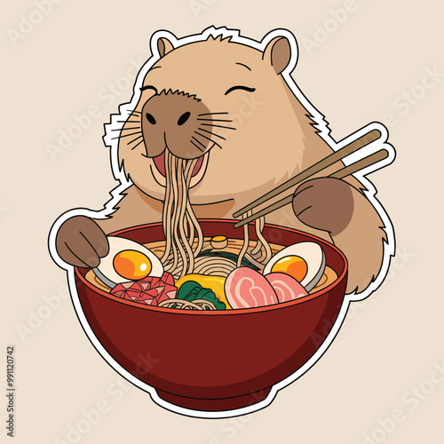 Cute Capybara Enjoying a Bowl of Ramen Noodles in a Playful Vector Art Style