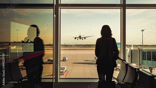 A photo of a woman passenger waiting at an airport. She is standing near a window, with the reflection of the airport interior visible on the glass. In the background, a plane is taking off. The woman