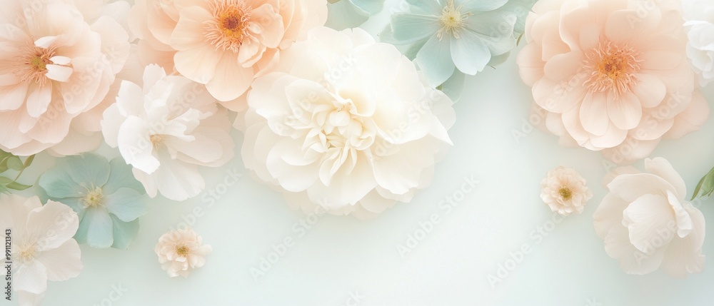A white and blue flower arrangement with a blue and white background