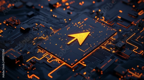 Conceptual illustration of an Internet technology concept with a home icon on a microchip. Orange neon data flows between the CPU and the user across a futuristic motherboard.