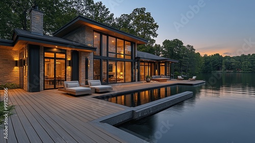 A modern farmhouse style home on a lake features a wooden deck with large windows and beige color scheme at dusk, with black vertical sconces along the side of the house.