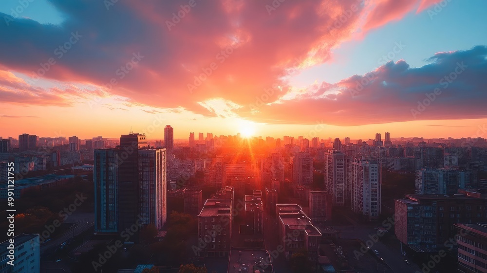 Fototapeta premium A sleek minimalist rooftop view, a drone capturing the cityscape at sunset, soft colors blending in harmony