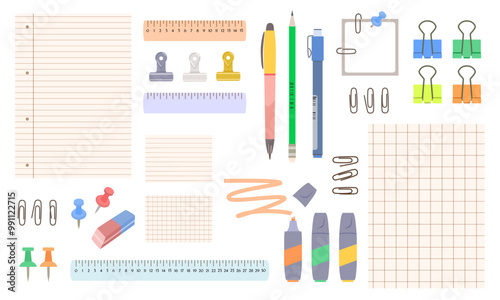 Clean empty sheets of paper in a cage, in line, cards for notes, studying foreign words, pens, pencil, markers, rulers, paper clips, push pins. Vector illustration of stationery for school, office.