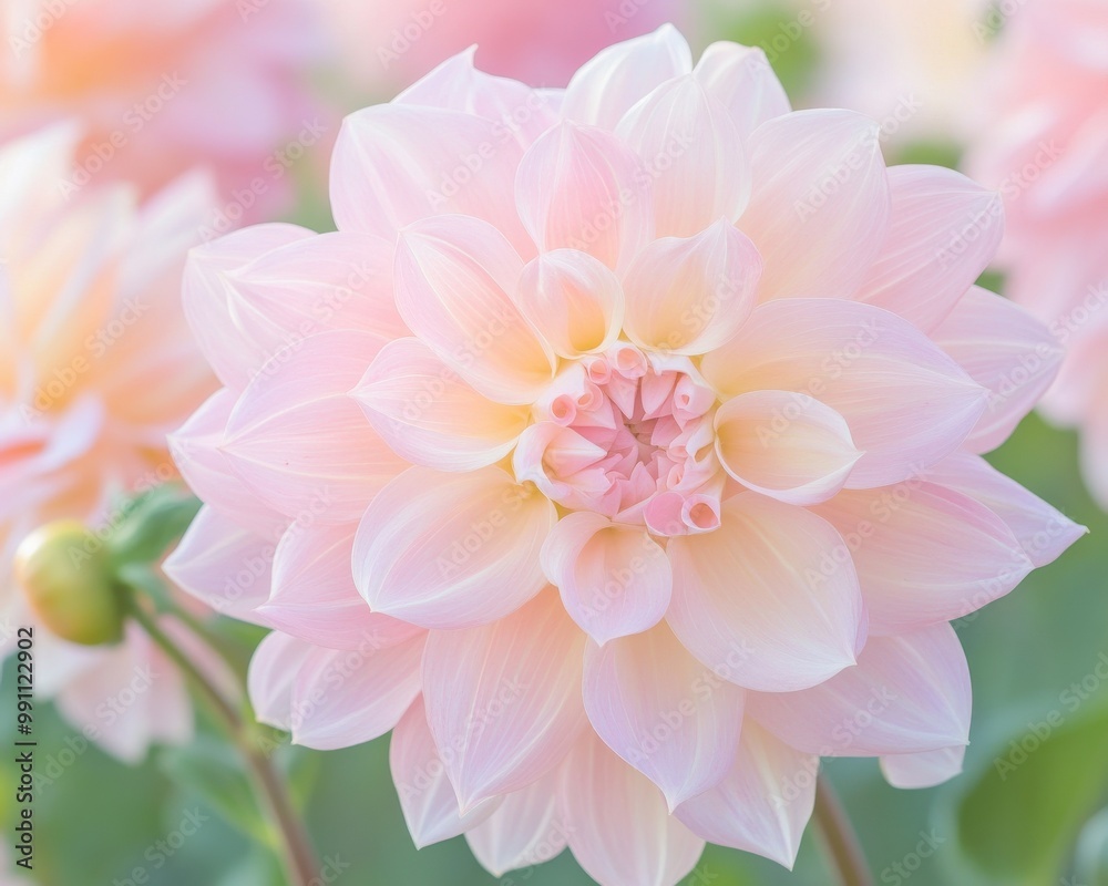 Fototapeta premium A pink flower with a yellow center is the main focus of the image