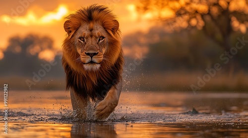 Majestic lion walking through water at sunset.