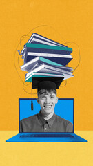 Smiling young man in graduation cap appearing from laptop screen. Stacked books above, symbolizing online education and academic success. Contemporary art collage. Concept of business and education s.