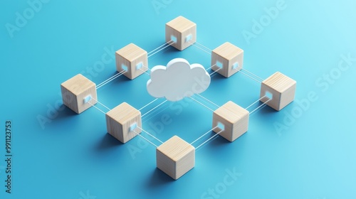 Cloud download Symbol on a wooden block. User network connections represented by white strings. Blue background. 3D rendering.