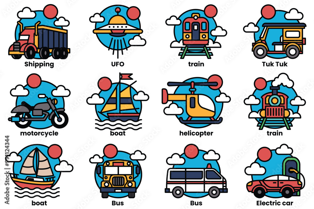 A set of 12 different vehicles, including cars, buses, trains, and boats A set of 12 different vehicles, including cars, buses, trains, and boats