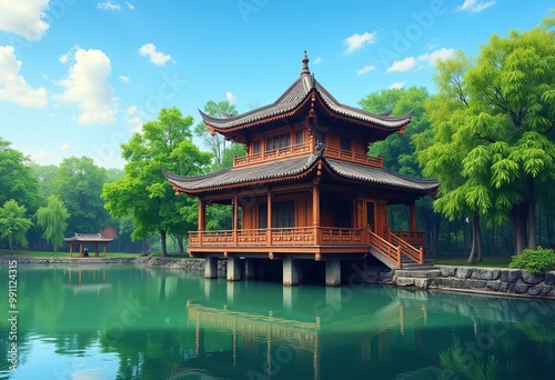 Traditional Chinese Pavilion Over Water .