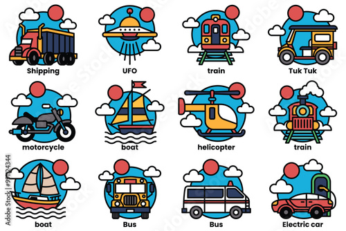 A set of 12 different vehicles, including cars, buses, trains, and boats
