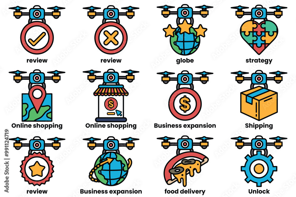 A set of images of drones with various items on them, including a book, a pizza A set of images of drones with various items on them, including a book, a pizza