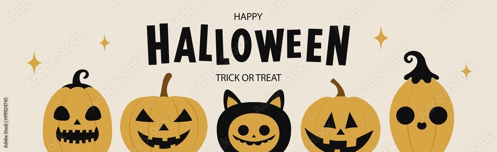 Fototapeta premium Cute funny jack-o-lanterns, happy halloween poster vector background illustration