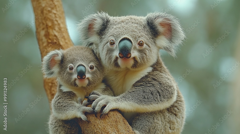 Fototapeta premium A mother koala with her baby on her back sits on a tree branch.