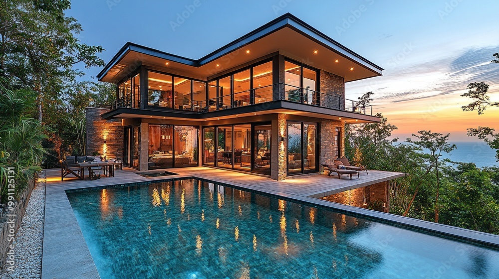 Fototapeta premium A modern villa with luxurious decor features a pool illuminated in the evening.