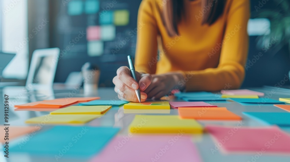 A woman in a yellow sweater writes on colorful sticky notes, brainstorming and organizing ideas, symbolizing creativity, planning, and productivity. A woman in a yellow sweater writes on colorful sticky notes, brainstorming and organizing ideas, symbolizing creativity, planning, and productivity.