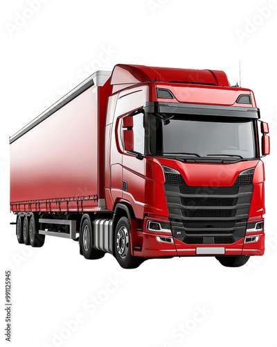 A red semi truck with a white background photo