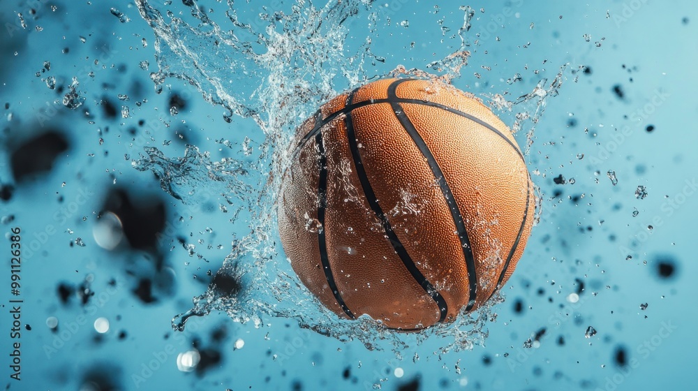 A basketball with water splashing around it on a blue background. A basketball with water splashing around it on a blue background.