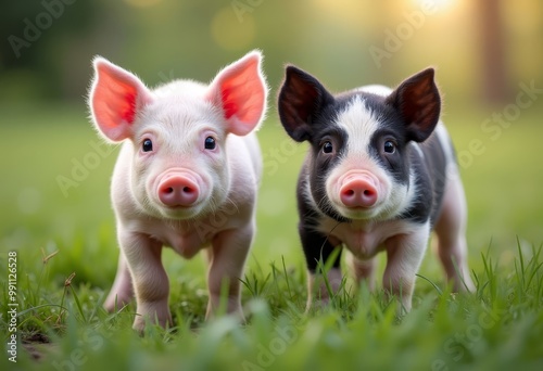 Two Piglets Walking in the Grass