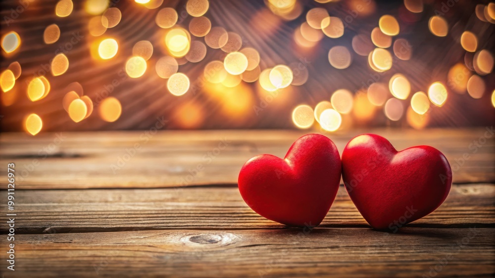 Romantic red hearts displayed on a wooden surface with a soft light glowing in the background Romantic red hearts displayed on a wooden surface with a soft light glowing in the background