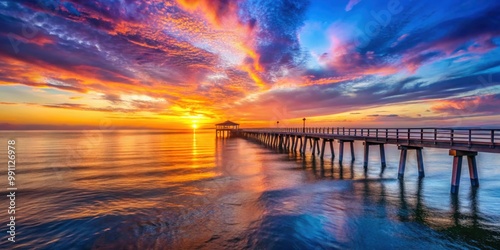 Sunrise over an ocean pier with a calm and colorful sky , sunrise, ocean, pier, calm, colorful, horizon, morning, tranquil