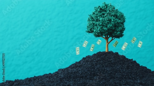 Money Tree Growing From Coal Pile With Blue Background