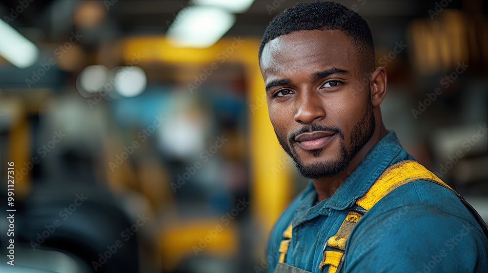 A muscular man repairs a vehicle, illustrating car service work. A muscular man repairs a vehicle, illustrating car service work.