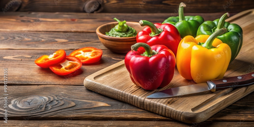 Close up shot of slicing fresh organic bell peppers on top of a brown wooden board, bell peppers, fresh, organic Close up shot of slicing fresh organic bell peppers on top of a brown wooden board, bell peppers, fresh, organic