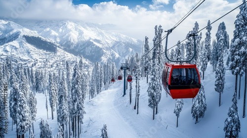 Gulmarg famous gondola ride ascending the mountains, with snow-laden forests and vast white plains stretching below.