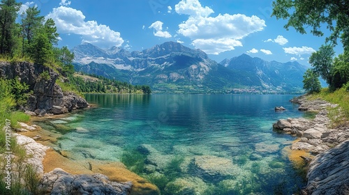 A panoramic lake scene backed by mountains.