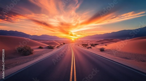 Empty Road Through Desert Dunes with Dramatic Sunset Sky.