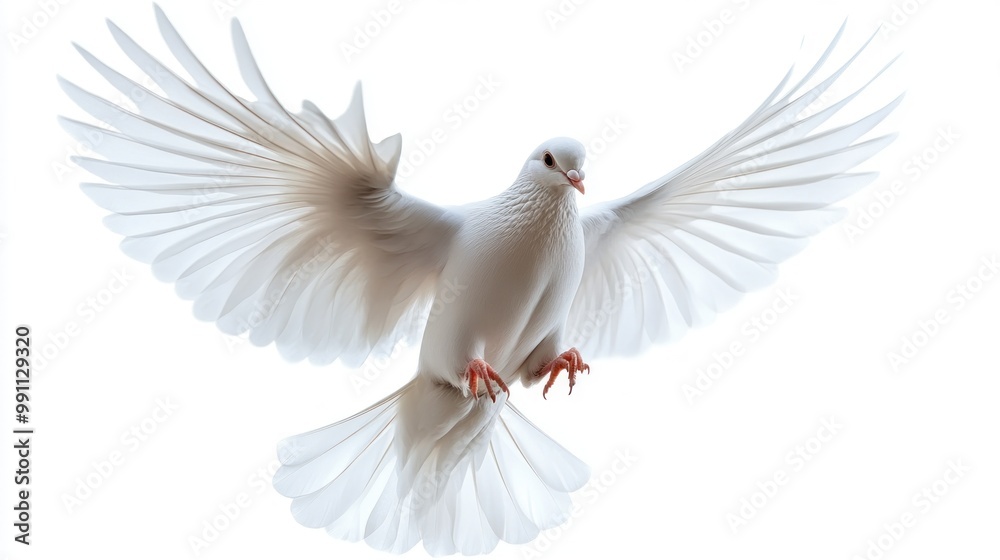 White dove with wings spread in flight, isolated against a white background. White dove with wings spread in flight, isolated against a white background.