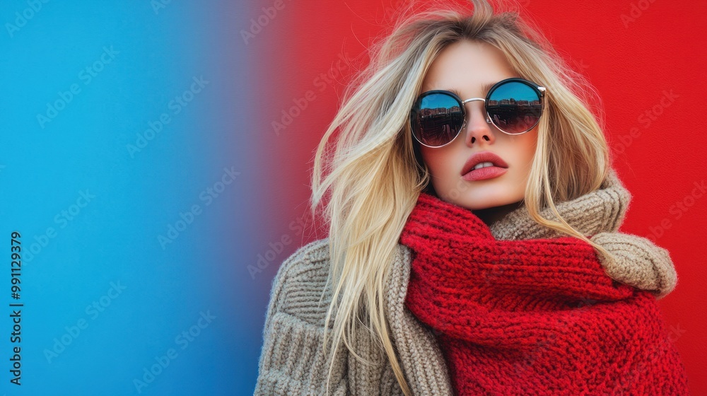 Portrait of a young woman in a red scarf and sunglasses against a blue and red background. Portrait of a young woman in a red scarf and sunglasses against a blue and red background.