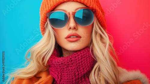 Closeup portrait of a woman with blonde hair wearing a beanie, sunglasses and a pink scarf.