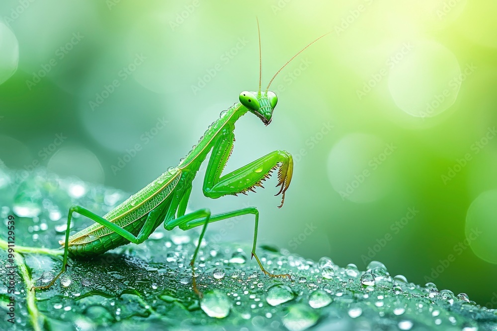 Green Praying Mantis Perched on a Dew-Covered Leaf Green Praying Mantis Perched on a Dew-Covered Leaf