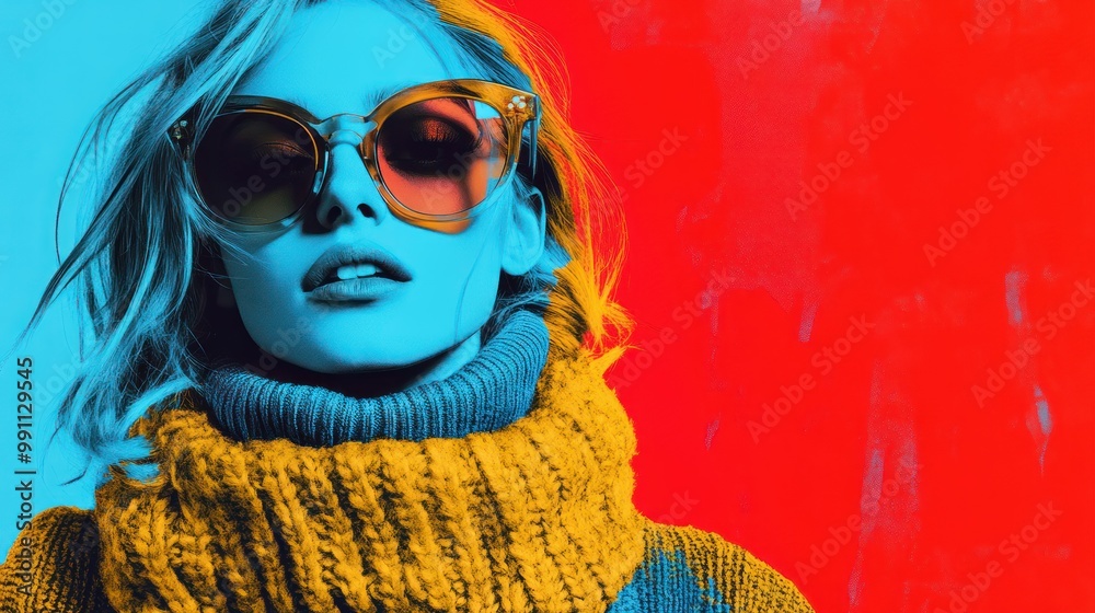 Closeup portrait of a woman wearing sunglasses and a yellow sweater with a blue and red background.