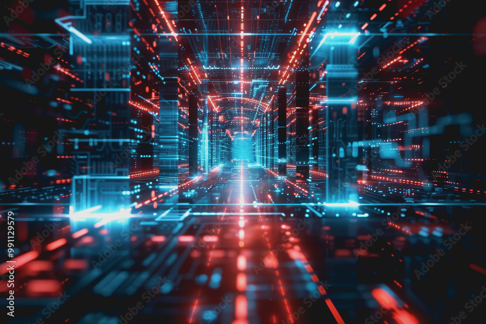 Glossy black surface with glowing red and blue neon lines. represents the data network. Glossy black surface with glowing red and blue neon lines. represents the data network.
